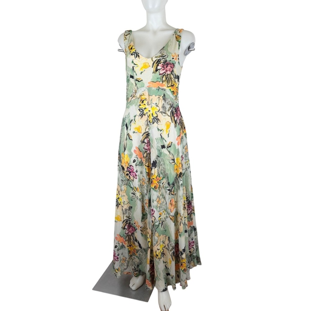 Peruvian Connection Floral Watercolor Maxi Dress Green Yellow Purple Size M